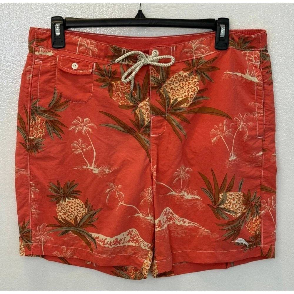 Men's Tommy‎ Bahama Size Large Hawaiian Swim Trunks Coral Palm Trees Pineapples